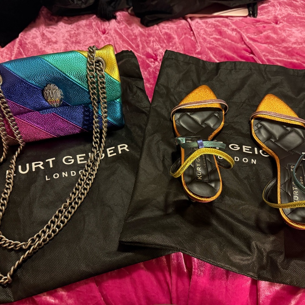 Kurt Geiger Multicolor Quilted Chain Bag and matching kitten heel sandals